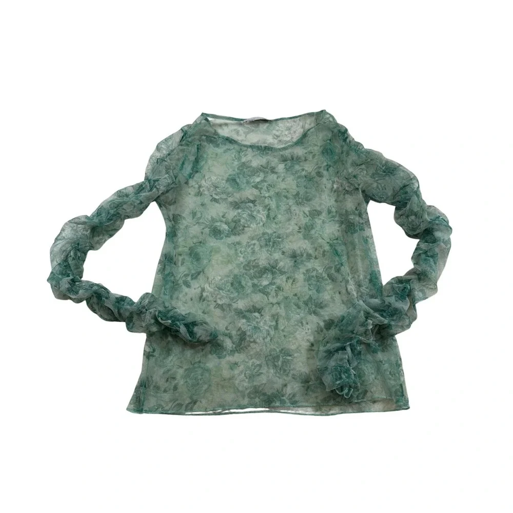 Zara Mesh Top Green Floral Ruched Sleeve Sheer Fairycore Whimsigoth Festival S